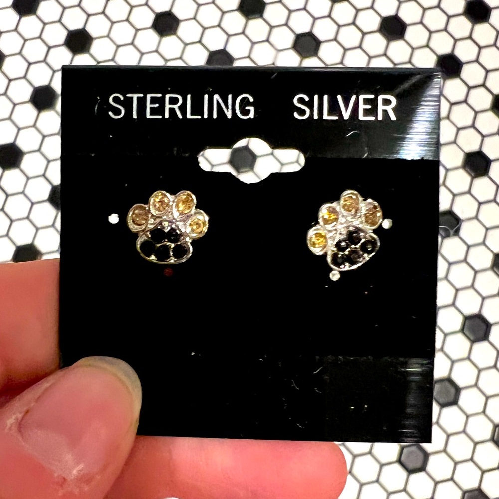 Sterling Silver | Paw Print Earrings | Black & Gold